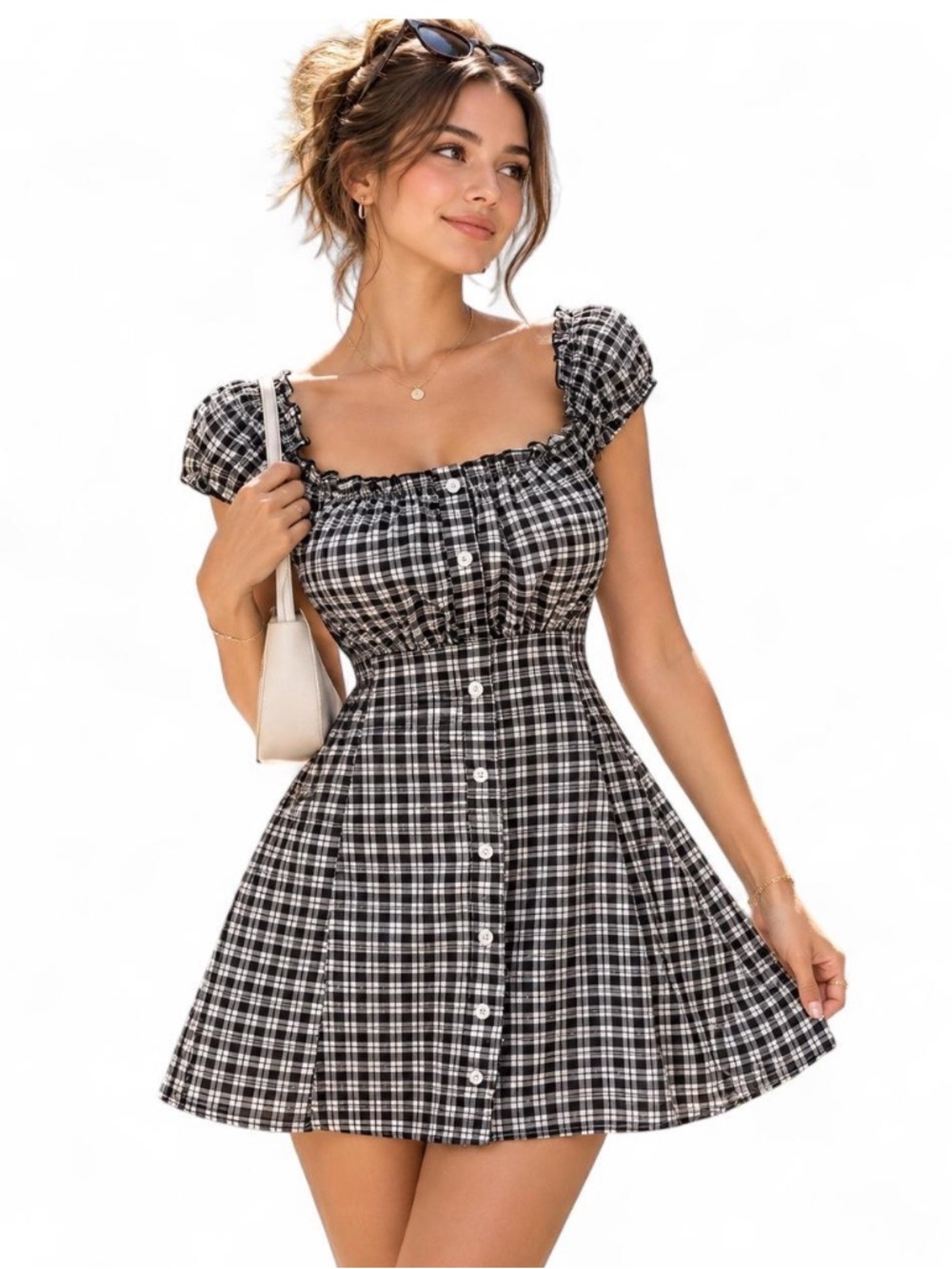 Black & White Gingham Puff-Sleeve Button-Front Mini Dress